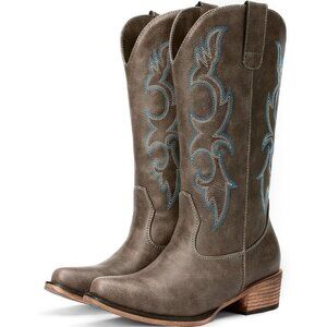 Women 's Dark Brown  Embroidered Cowgirl Fashion  Chunky Heel Western Boots